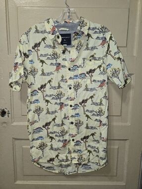 Modern Amusement Dinosaur RV Desert Short Sleeve 100% Cotton Button Down